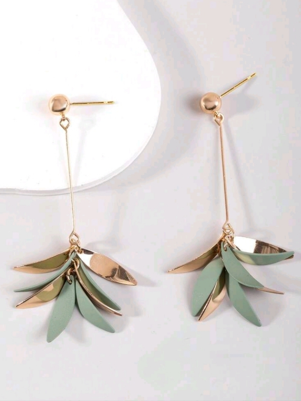 Boho Green Gold Delicate Leaf Drop Earrings